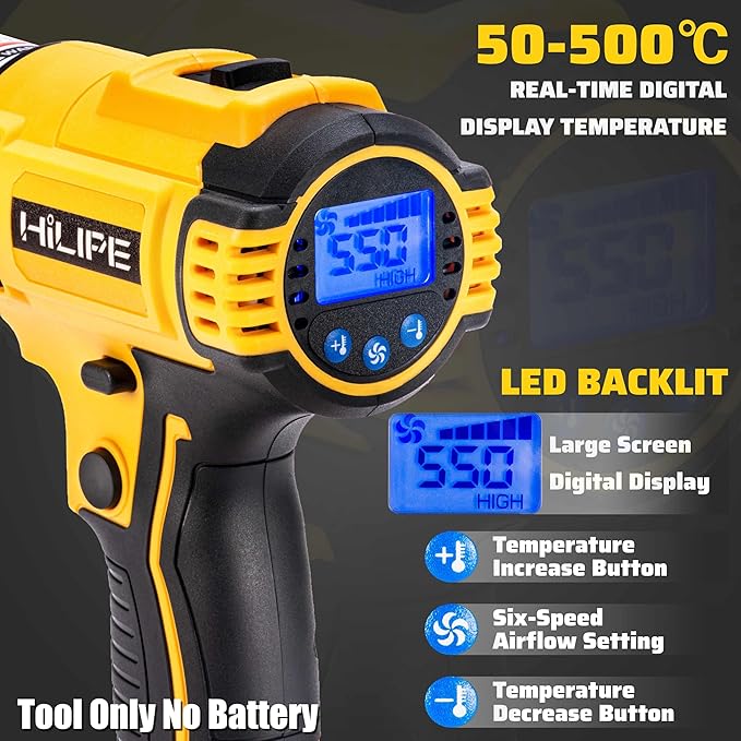 Cordless Heat Gun 20v Max for DeWALT Battery,Cordless Hot Air Gun with LCD Digital Display,2-Temp Setting Max 1022°F,for Shrink Wrapping, Tube Bending(Tool Only, NO Battery)