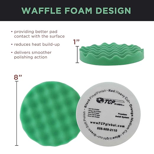 TCP Global Professional 6 Pad Buffing and Polishing Kit with 5 Waffle Foam Pads and 1 Wool Grip Pad for Car Detailing - Complete 8 inch Polisher Buffing Pads Set with 5/8 inch Threaded Backing Plate