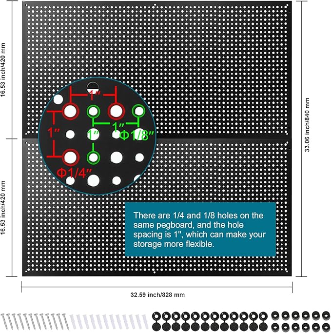 Metal Pegboard for Garage Storage,Steel Pegboard Heavy Duty 16-Inch X 32-Inch Metal Peg Board Tool Organization Panels (Black, 2 Pack)