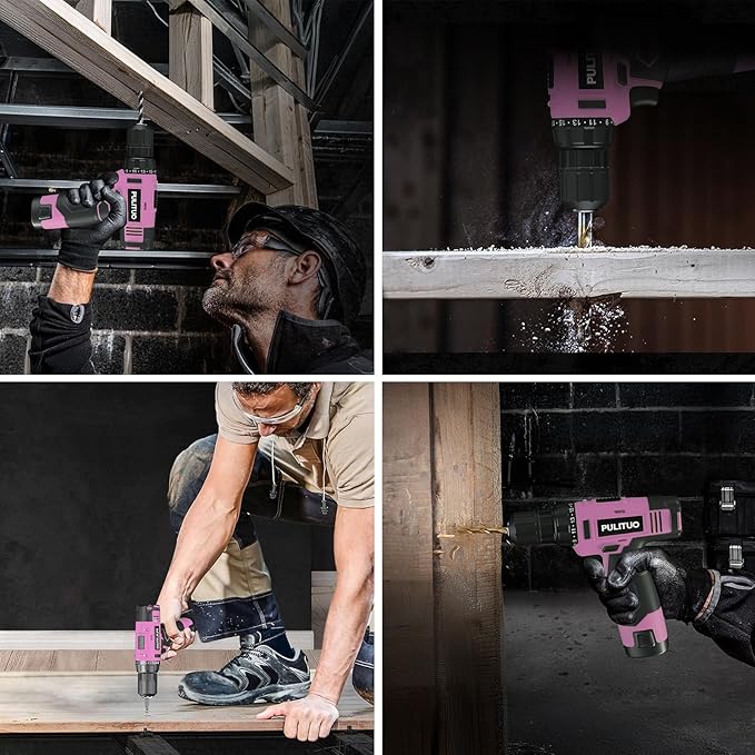 PULITUO 12V Pink Cordless Drill Set - Power Drill Kit with Battery and Charger, 3/8-Inch Keyless Chuck, Built-in LED, 21+1 Torque Setting