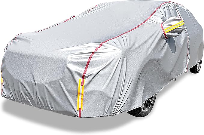 Car Cover Waterproof All Weather, 6 Layers Full Exterior Covers with Zipper Cotton, Mirror Pocket. Outdoor Car Cover UV Snow Rain Wind Dust All Weather Outdoor Protection for Sedan (190-195 inch)