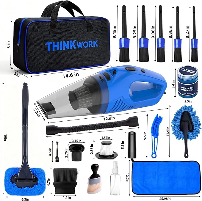 THINKWORK Car Cleaning Kit Car Detailing Kit,Car Cleaning Kit Interior Cleaner with High Power Blue Handheld Vacuum Cleaner,Brush Sets,Windshield Cleaner and Storage Bag,Car Accessories,Car Gift Set