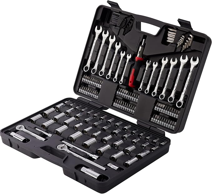 161-Piece Master Mechanics Tool Set & 1/4", 3/8", 1/2" Drive Socket Kit. Professional Auto Repair Set with Ratcheting Bit Driver, Spark Plug Sockets, Wrenches & Hex Keys for Car, Truck, RV.