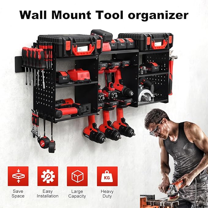3 layers power tool organizer Loads 150lbs with 6 Cordless Drill Holder and 6 Outlet Power Strip,it’s good choice for husband birthday gift,black