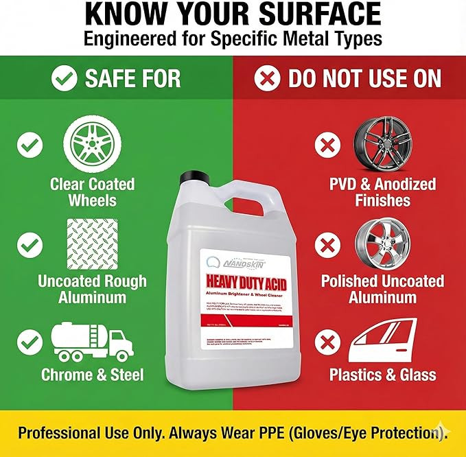 Nanoskin Heavy Duty Acid Aluminum Brightener & Wheel Cleaner 1 Gallon – For Professional Use Only | Industrial Strength Cleaner for Oxidation Removal, Aluminum Shine Restoration & Fleet Maintenance