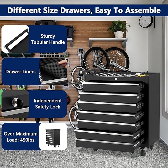 IDEALHOUSE Rolling Tool Chest, 7 Drawers Tool Storage Cabinet, Toolbox with Wheels, Portable Tool Cabinet Organizer with Locking System & Drawer Liners, Tool Storage Cart for Garage, Workshop, Black