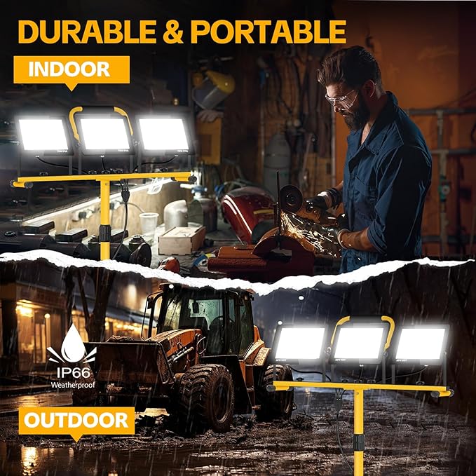 21000 Lumen Work Lights with Stand, 3 Adjustable Heads LED Work Lights, with Adjustable and Foldable Tripod Stand, Waterproof Lamp with Individual Switch with 6500 Kelvin Color Temperature (3-Heads)