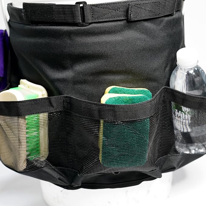 KUNN Car Wash Bucket Tool Organizer for 5 Gallon Bucket with Towel Holder Ring,Soap Pockets Cleaning Bucket Organizer Water-Resistant Mesh Pockets for Clean Supplier,Car Wash Supplier Black