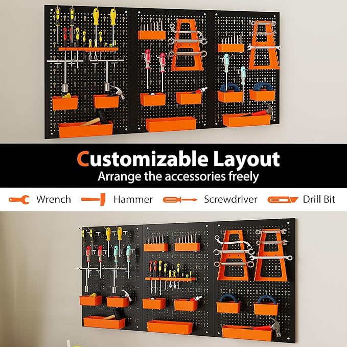 Goplus Pegboard Wall Organizer, 9-Bin Parts Rack Organizer w/Hammer Racks, Tool Holders & Hooks, Heavy-Duty Utility Tool Storage Board w/Accessories for Garage, Workshop, Craft Room