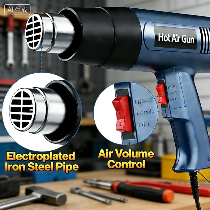 Heat Air Gun 1500W 140℉-1112℉（60℃- 600℃），Variable Temperature Control Overheat Protection with 4 Nozzles for Crafts, Shrinking PVC, Stripping Paint