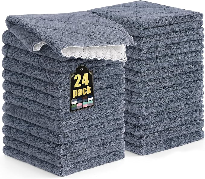 Mordimy 24 Pack Kitchen Cloths Dish Towels (10" x 10", Dark Grey & White), Super Soft and Absorbent Dish Cloths, Coral Velvet Microfiber Cleaning Cloth, Nonstick Oil Fast Dry Dishcloths