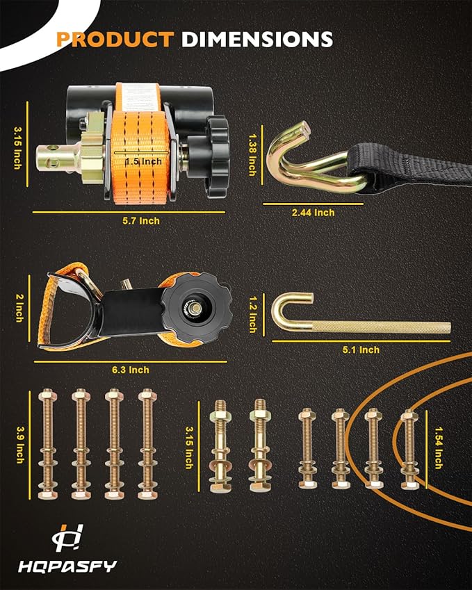 Rack Ratchet Straps, W/J-Hook (2PCS), 2" Black Round Tube Mount, 1.5" Wide x 7.5' Long, Orange Ladder Rack Ratchet Straps, 500 lbs Load Heavy Duty, Truck/Lumber Rack Straps, Pipe/Roof Rack Strap