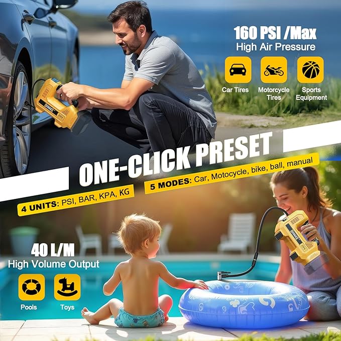 DIYtoolifz 160PSI Cordless Tire Inflator Compatible with Dewalt 20V Air Compressor, Portable Air Pump Automatic Shut Off, LED Light, Digital Pressure Gauge for Cars Motorcycles Bike Ball (Bare Tool)