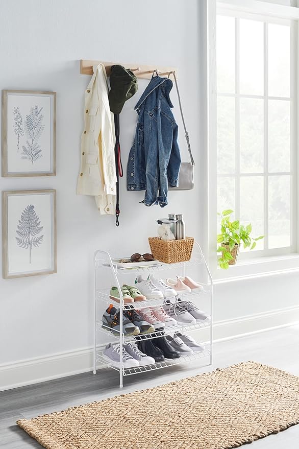 Rubbermaid 4-Tier Wire Shoe Rack, White, Simple Assemble, Storage Shelf for Organization in Bedroom/Closet