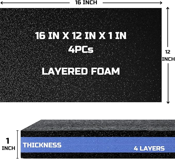 ONREVA Tool Box Foam 16x12x1 inch 4Pack, Foam Inserts for Cases, Polyethylene Storage Sheets for Toolbox Hard Case, Tool Shadow Insert, Kaizen Organizer Sheet, Black with Blue