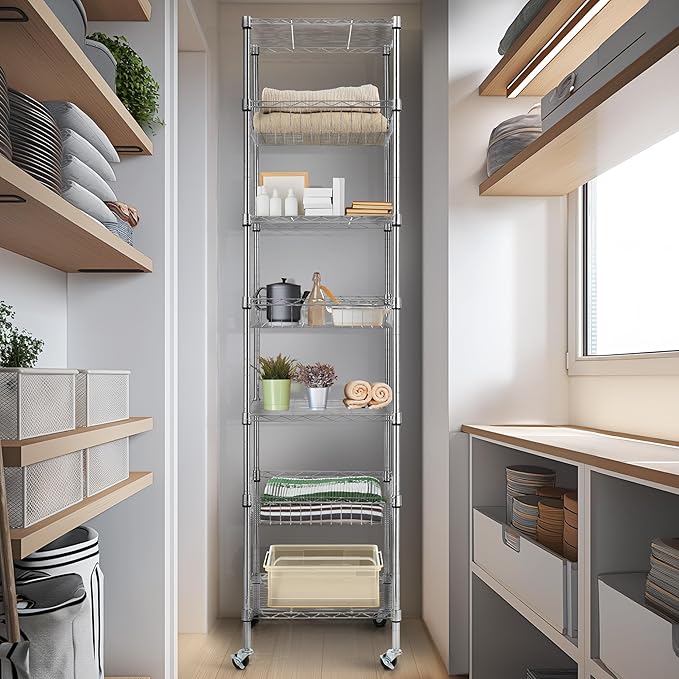 Finnhomy Heavy Duty 7 Tier Wire Shelving Unit with Wheels 18x18x78.8-inches 7 Shelves Metal Storage Rack Thicken Steel Tube, Adjustable Shelving Rack for Kitchen Bathroom Office, NSF Certified, Chrome