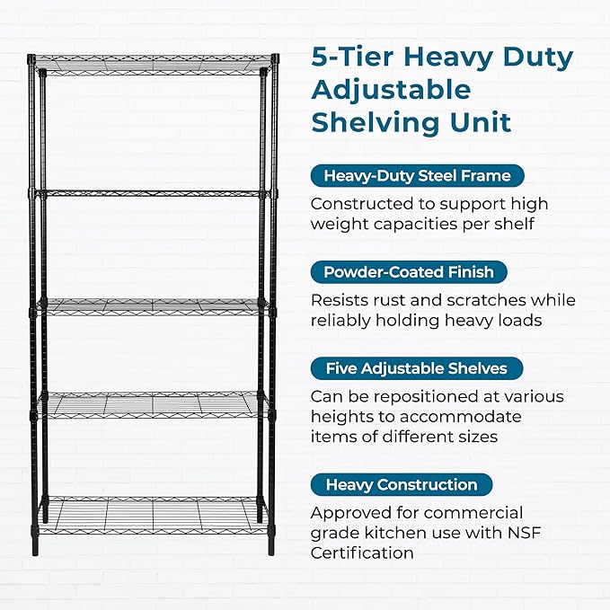 Honey-Can-Do 5-Tier Heavy-Duty Adjustable Shelves, Metal Storage Rack with 200-lb Shelf Capacity, Black, 14" W x 36" L x 72" H