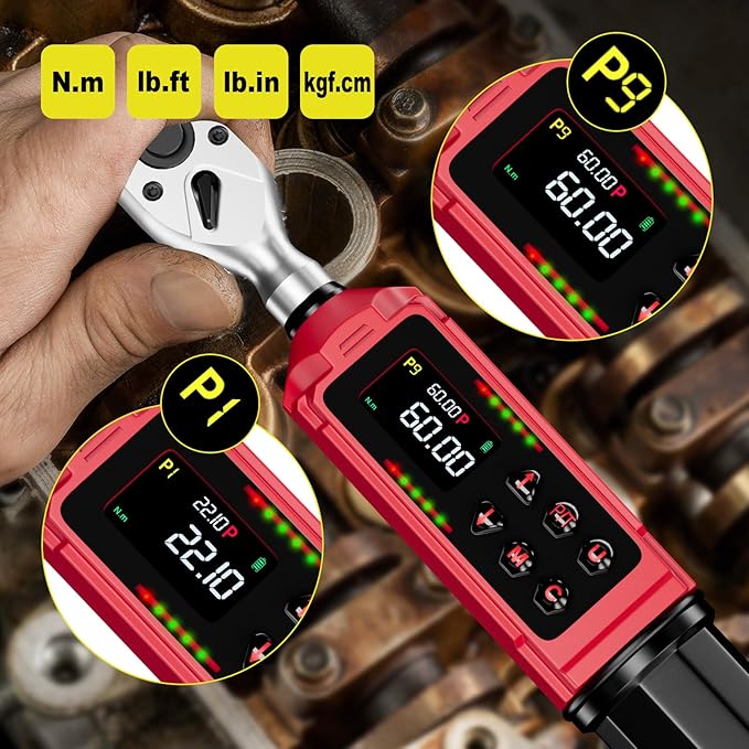 3/8-inch Drive Digital Torque Wrench, 0.66-44.3Ft.lbs/0.9-60Nm, Electronic Torque Wrench, Inch Pound Torque Wrench Set with ±1% Accuracy, Vibration, Buzzer and LED Notification for Bicycle