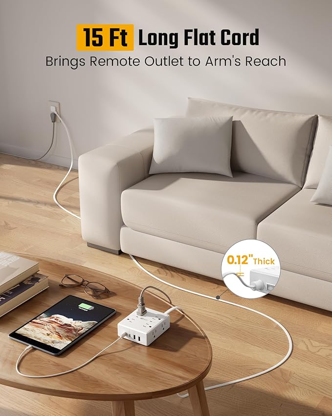 15Ft Long Extension Cord, Surge Protector Power Strip with 8 Outlets & 4 USB Ports (2 USB C), Flat Plug Power Strip Wall Mountable, Desk Charging Station for Home Office, College Dorm Room Essentials