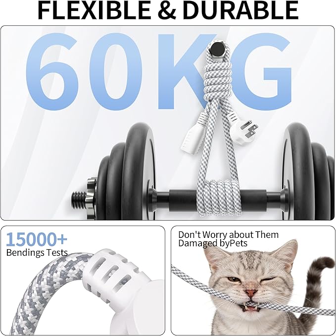 16 Gauge Braided Extension Cord 3 FT, 16/3 Flat Plug Power Cord Indoor, 3 Prong White Extension Cable Flexible for Home Dorm Room Essentials, 13A 125V 1625W, ETL Listed