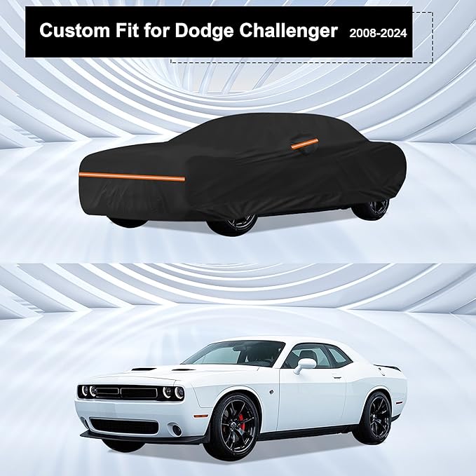 Amooca Heavy-Duty Car Covers Custom Fit for Dodge Challenger 2008-2024 Waterproof Sun-Proof All Weather for Automobiles Snow Cover 420D with Door Zipper Cotton Lining