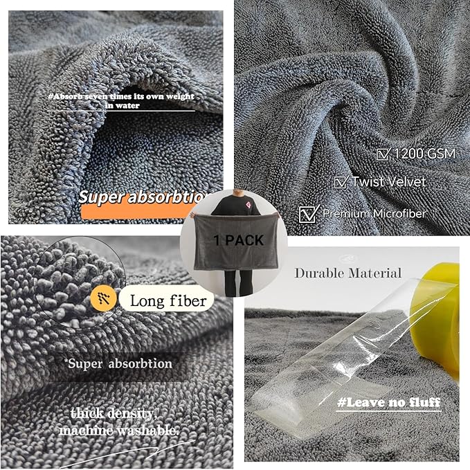 Extra Large 24x36 Car Drying Towels, 1300GSM Absorbent Microfiber, Double Twisted Velvet, Rinse-Free Streak-Free, One Pass Soft Efficient Drying, for Car Detailing, SUV Truck Exterior Care