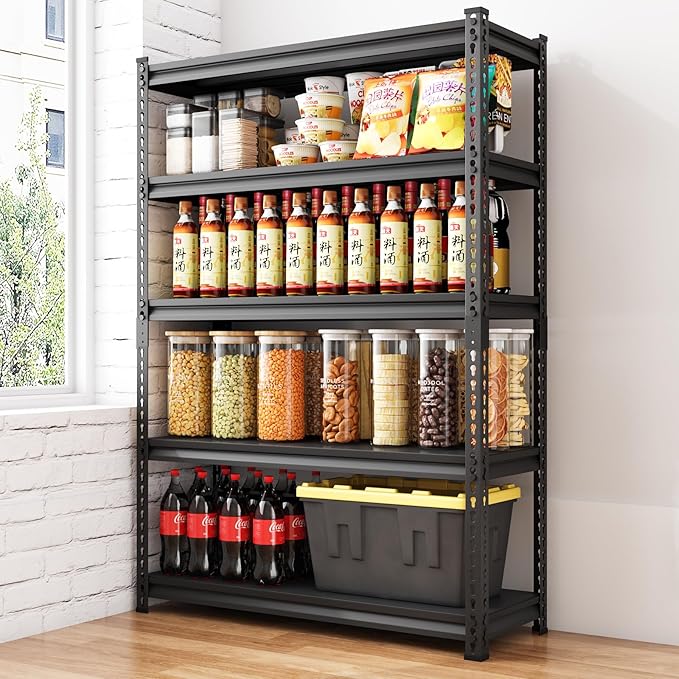5-Tier Garage Shelving Heavy Duty，78" Metal Shelving Unit for Garage, 2800 lbs Load Capacity Utility Rack Shelves＆ Garage Shelves, Black, 5-Tier,48" Wx18 Dx78 H