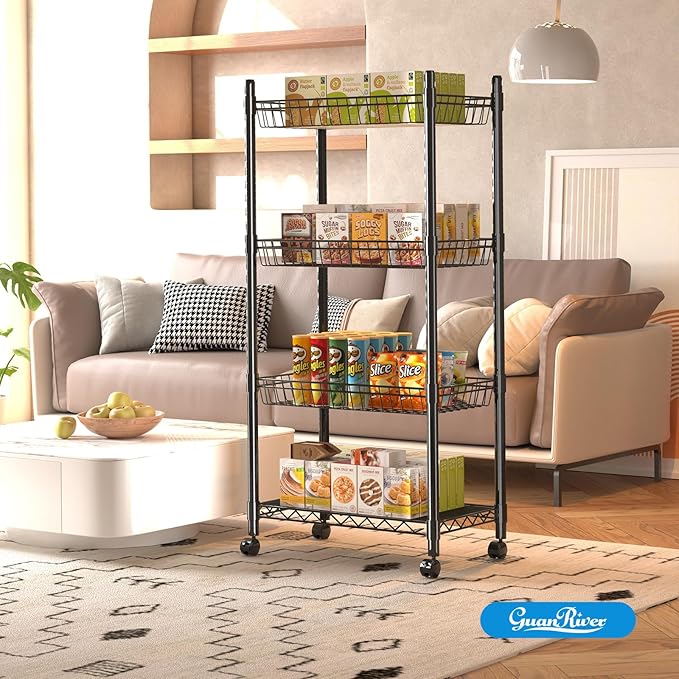 Guan River 4 Tier Wire Shelving Wire Basket Shelf Storage Cart Adjustable Metal Shelf 2 Bottoms for Choose(Castor or Leveling Feet) for Office,Kitchen,Bedroom,Black(23.23" L x 13.11" W x 49.21" H)