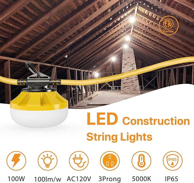 100FT Construction String Lights: 3 Prong 100W Led Construction String Lights with 10 Bulbs & Hooks, IP65 Attic Lighting 5000K Linkable Hanging Work Light for Crawlspace Basement Backyard