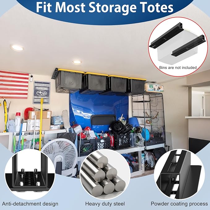 Overhead Garage Storage Rack, Heavy Duty Ceiling Storage Rack, 17 Inch Adjustable Overhead Tote Storage Rail System, 6 Sets for 5 Bins