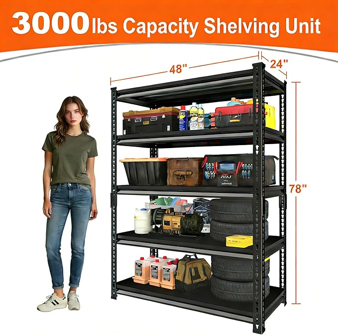 Heavy Duty Garage Shelves - 48''W 3,000Lbs Steel Metal Adjustable Utility Industrial Storage Shelving Rack Units for Warehouse Basement 5 Tier Black 47.2" W x 23.6" D x 78" H