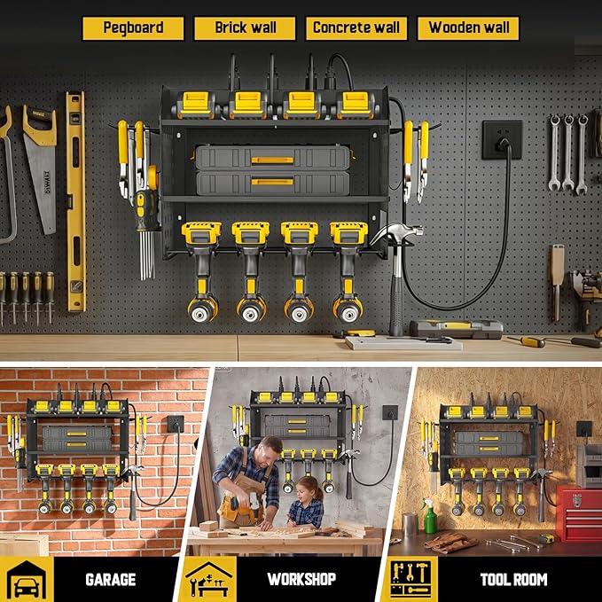 SPACECARE Power Tool Organizer with Charging Station 6 Outlets, 3-Layer Heavy Duty Wall Mount Drill Storage Rack, Cordless Tool with Utility Shelf, Garage Organization and Storage for Workshop- Black