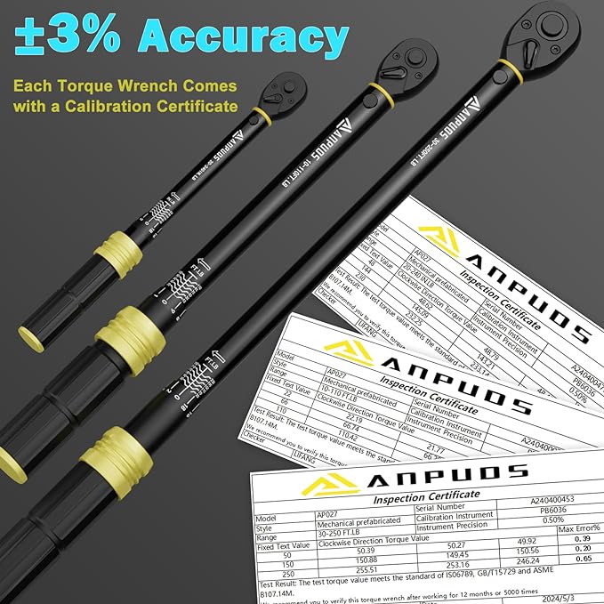 Torque Wrench Set - 5 Pcs 1/4” 3/8" 1/2" Drive, 20-240in.lb, 10-110Ft.lb, 30-250Ft.lb, 72-Tooth Ratchet, Dual-Direction, Dual Range Scales Click Torque Wrenches for Bike, Automotive, Motorcycle