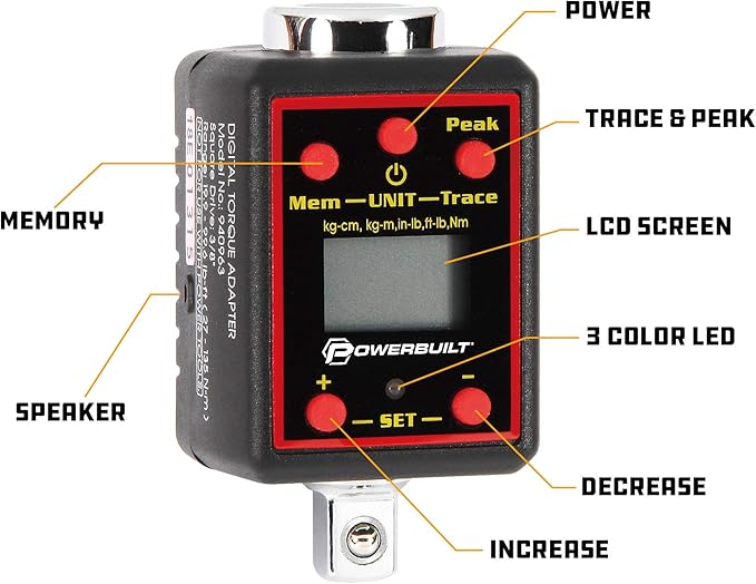 Powerbuilt 1/2-Inch Drive Digital Torque Adapter, 29-147 Ft-Lb and 40-200 Nm, Alert Signals Torque Setting, Electronic Torque Wrench Converter with Digital Display, ±1% Accuracy - 940962