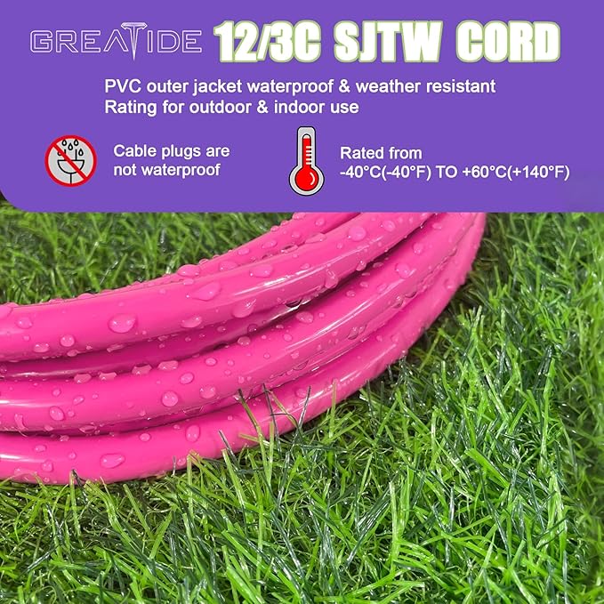 Outdoor Extension Cord with Lighted End, 12 Gauge Heavy Duty 25 FT, 3 Prong Grounded 15 Amp Extension Cord, 12/3 SJTW Waterproof Power Cord for Appliance, UL Listed, Pink