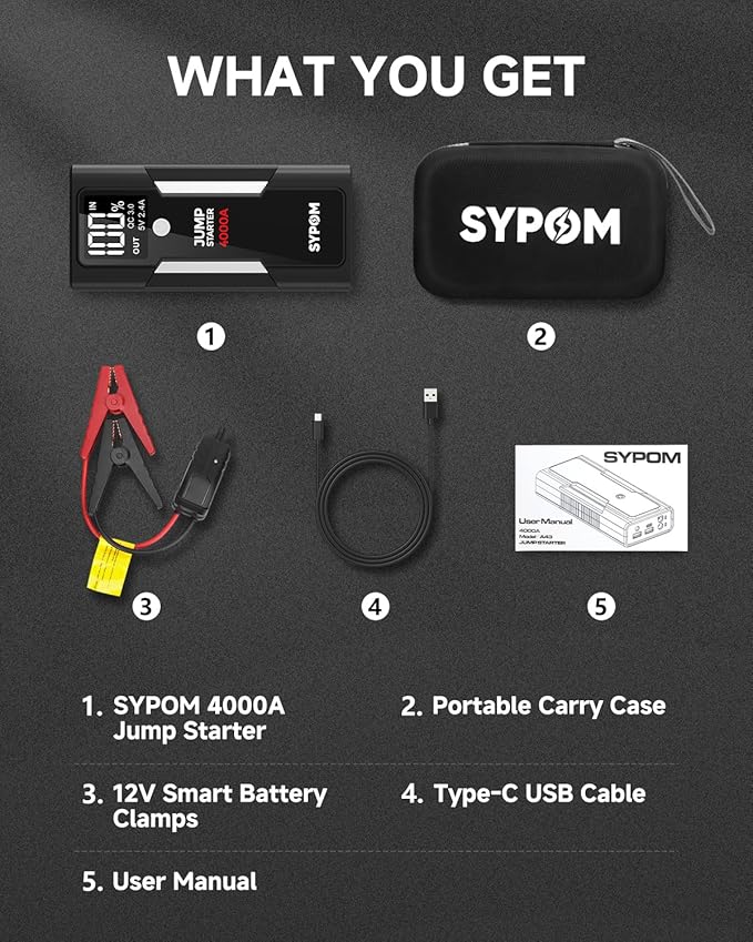 Portable Jump Starter, 4000A Peak Car Battery Charger, 12V Jump Box for Truck up to 10L Diesel, Motorcycle, Dual USB, LED Light, Great Battery Jumper for Road Side Emergency Kit for Car