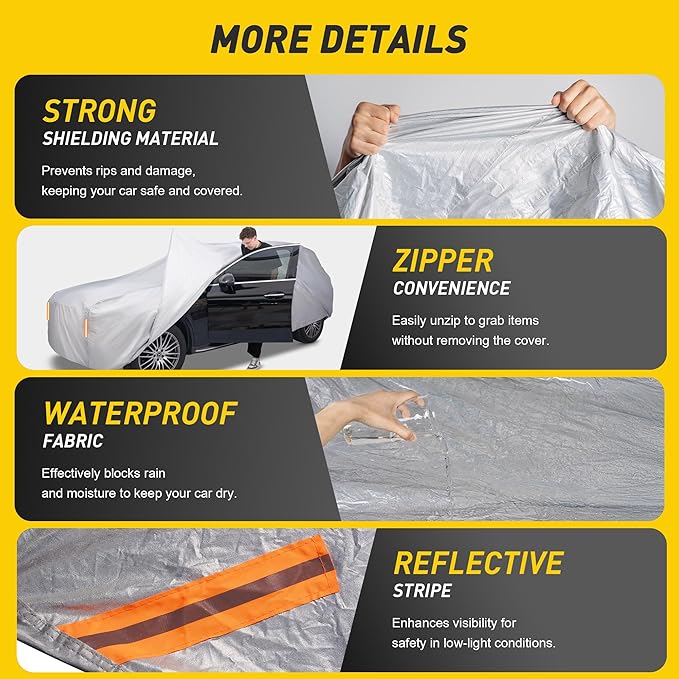 Caromop 10-Layer Waterproof Car Cover All Weather Protection (Snow, Rain, Sun) with Secure Fit Straps and Easy On/Off Zipper-Size S3 (See Size-Chart)