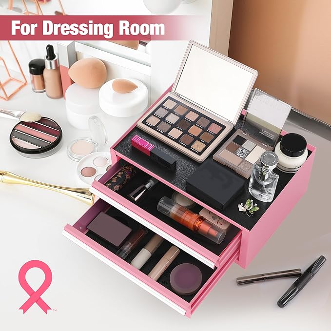 WORKPRO 12.5" Mini Tool Box with 2 Drawers & 1 Open Top Storage, Small Metal Tool Chest with PVC Liners & PP Feet Pads, Cold Rolled Steel Toolbox with Drawer Liners & Magnetic Tabs - Pink Ribbon