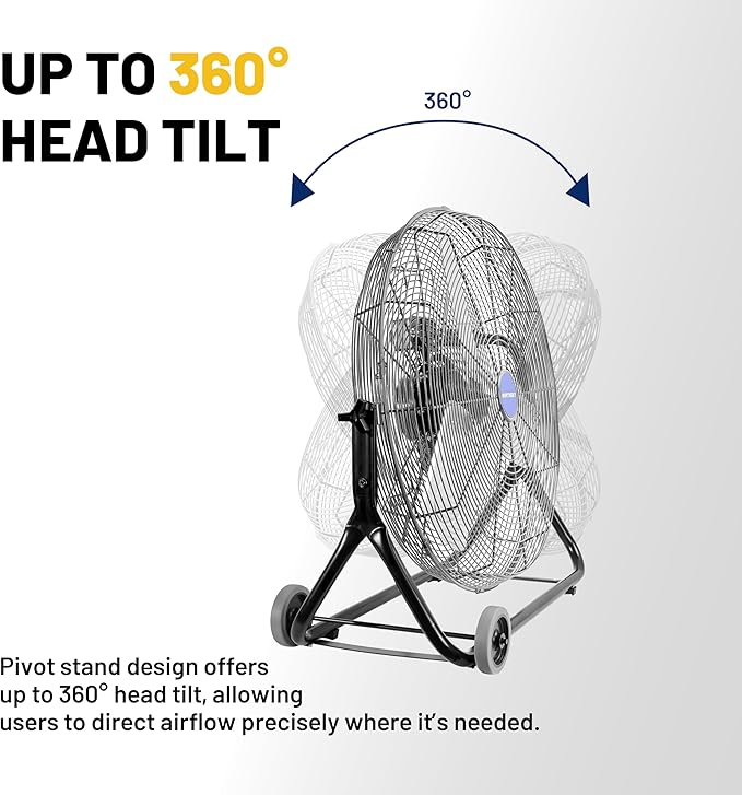 NORTHSKY 24" Floor Fan, 4950 CFM Industrial Fan, 3 Speeds, Durable Steel Safety Grille, 1/4 HP, 360° Head Hit, for Manufacture, Construction, Warehousing with UL-Certified Safety Compliance