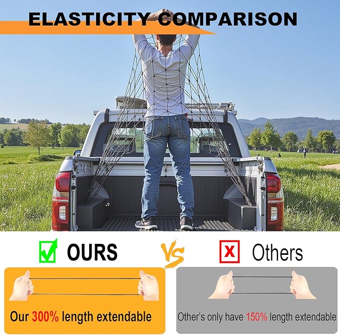 GSPSCN Cargo Net 6' x 4' for Truck Pickup Bed, Trailer,Boat,RV SUV Stretches to 12'x18' Max Roof Rack Net,Small 4”x4” Mesh Heavy Duty Bungee Cord Netting Compatible with Dodge Ram,Chevy Ford,Toyota