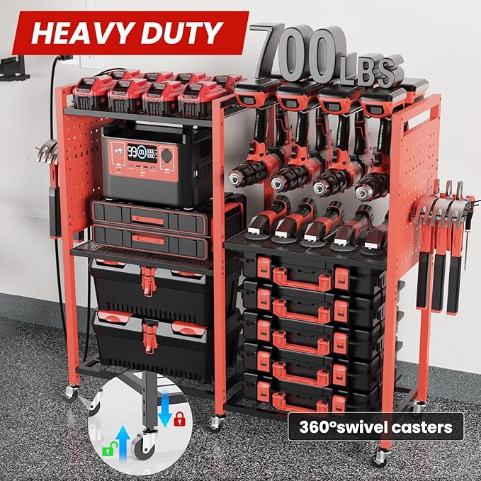 Heavy-Duty Power Tools Organizer Cart with Charging Power Strip, 6-Tier Rolling Utility Cart with 8 Hooks and 6 Load-Bearing Wheels, Garage Tool Storage Rack for Workshop for Men