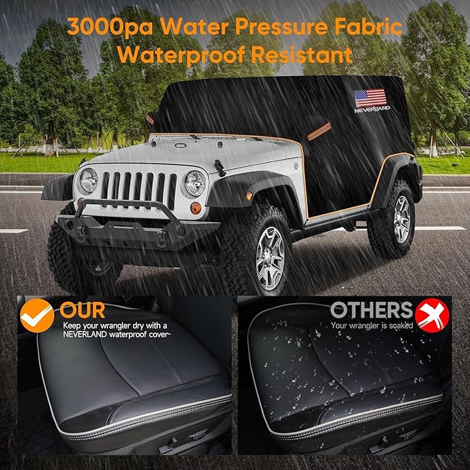 NEVERLAND Wrangler Cab Cover Waterproof - 2007-2025 Jeep Wrangler JK JL 2 Door, Half Car Cover Outdoor Oxford with Reflective Strip, Sun Snowproof Cab Car Cover Black