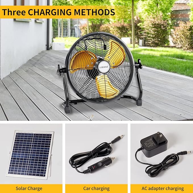 lcocove Outdoor Fan Can Running 5-24 Hours,Solar Powered Fan For Shed,Home,Ouside,Camping，with USB Output For Emergency Situation Without Electric