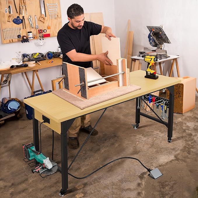 DWVO 60" Adjustable Workbench on Wheels, Garage Tool Work Bench with Outlets & Wheels, Heavy-Duty 1600 LBS Load Capacity Work Table for Workshop, Office, Home, or Outdoor Use