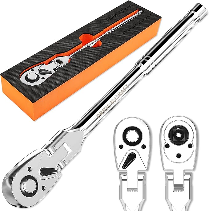PRIDE&CRAFT 1/2" Drive Flex Head Ratchet 72-Tooth, Socket Wrench Quick Release Reversible Design, Swivel Head Ratchet, Chrome Alloy Made, EVA Organizer