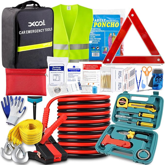 XOOL Car Roadside Emergency Kit, Car Emergency Kit with Jumper Cables, First Aid Kit, Tow Strap & Tool Set – Roadside Safety Kit for Cars, Trucks & SUVs