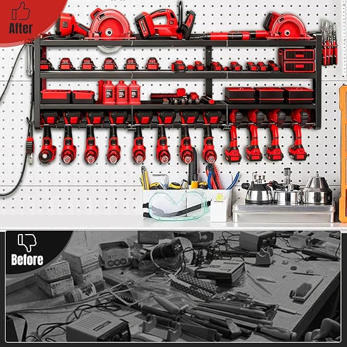 50" W Large Power Tool Organizer Wall Mount, Load 600lbs, 4 Layer Heavy Duty 12 Cordless Drills Holder, Battery Tool Storage Rack for Workbench, Workbench,Garage,Shed