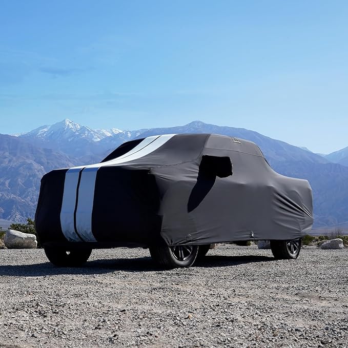 iCarCover Premium Heavy Duty Truck Car Cover - Waterproof All Weather Rain Snow UV Protection, Dakota, Frontier, Tacoma, Canyon, Colorado,R1T, Size T83 (See Size Chart), Stripe - Black/Gray