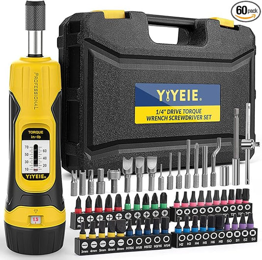 60Pcs Torque Screwdriver Wrench Set, 10-70 IN.LB, Inch Pound Torque Screwdriver Electrician with S2 Bits, 1/4 Inch Drive, 0.5 In-lbs Adjustable, Small Torque Wrench Tool Kit for Bike, Mounting