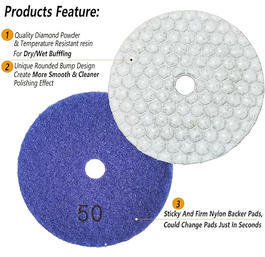 16 Packs Dry Diamond Polishing Pads Grit 50, 4 Inch Dry/Wet Granite Sanding Pad for Bufffing Marble Quartz Concrete Stone Tiles Used for Grinder Polisher Drill